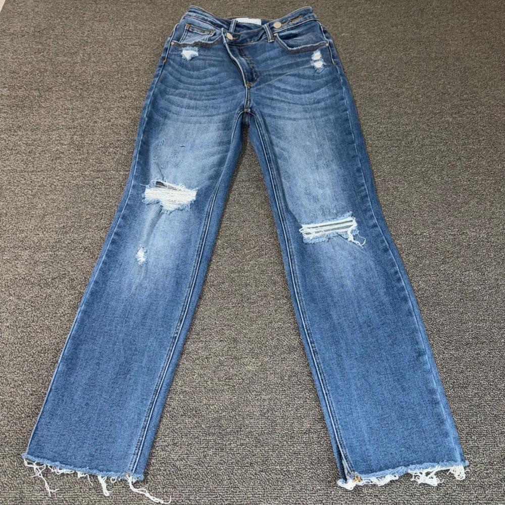 Risen Jeans Criss Cross Asymmetrical Fly Distressed Straight Leg Jeans Women's 1